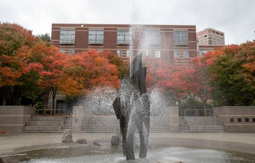 Fountain with autumn trees in the background